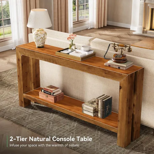Vista 8 de Mesa consola de entrada de madera maciza de 63 pulgadas, mesa de sofá estrecha de granja detrás del sofá con almacenamiento de 2 niveles