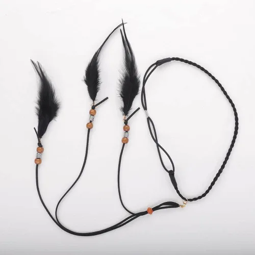 Vista 4 de Jumwrit Diadema de plumas bohemias, diadema india hippie gitana, tocado con borlas de plumas negras, cuerda de cáñamo con cuentas, accesorios