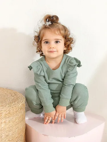 Vista 5 de Conjunto de ropa de 2 piezas para niña con diseño de corazón texturizado con volantes, sin botones de manga larga y lazo frontal