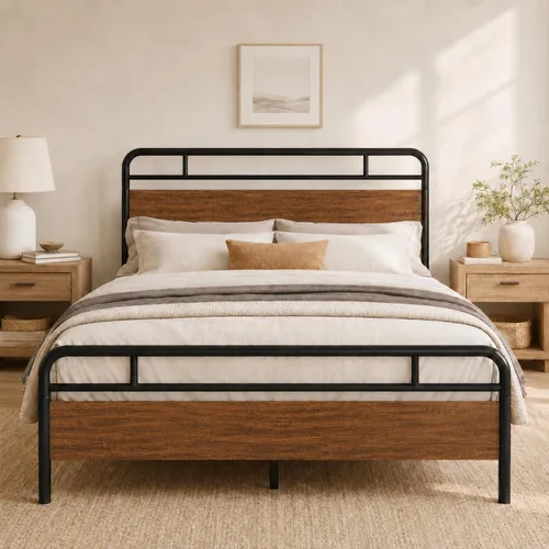 Vista 10 de Allewie Base de cama de plataforma de tamaño completo con cabecera y pie de cama de madera, soporte de 13 listones de metal resistente Roble negro
