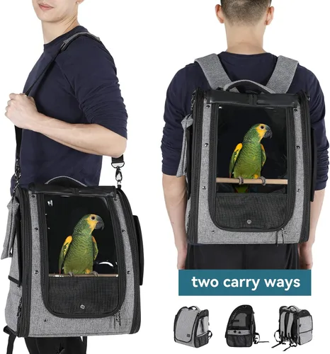 Vista 6 de Petsfit Transportador de pájaros de tamaño mediano con cuenco de acero inoxidable, mochila de loro incluye bandeja deslizante para una fácil