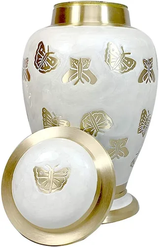 Vista 7 de Urna de cremación de mariposa con personalización, blanco perla y oro, urna de cremación humana para adultos con recuerdo a juego y bolsas
