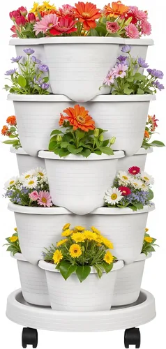 Vista 11 de VECELO Macetero vertical de 5 niveles, apilables, con ruedas para fresas, hierbas, flores, verduras, color negro