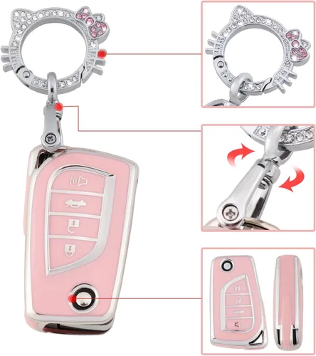 Vista 4 de Pangpai Funda de llavero rosa para Toyota, funda de TPU suave con llavero brillante para Toyota Fortuner Tundra Camry RAV4 Highlander Corolla Smart