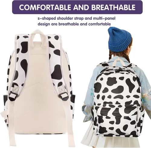 Vista 4 de Juego de mochila escolar con estampado de vaca para adolescentes, niñas, niños, bolsas con lonchera y estuche para lápices