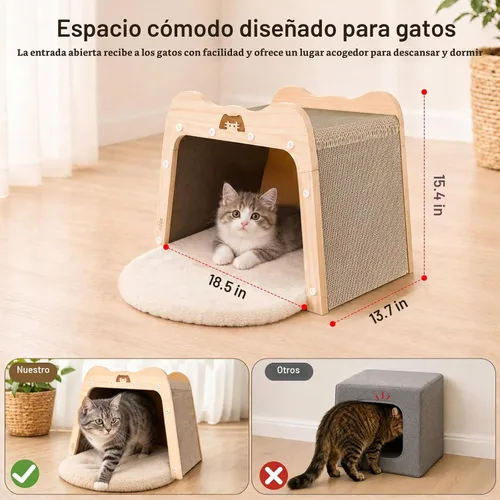 Vista 4 de SZEE Cama rascador para gatos y casa de cartón de madera maciza para gatos