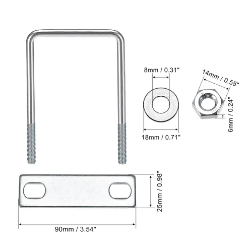Vista 28 de uxcell Pernos cuadrados en U de 1 "(25 mm) de ancho interior de acero al carbono M8 con tuercas, placa de marco, arandelas redondas, juego de 4