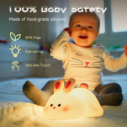 Vista 2 de Luz Nocturna de Conejo de Cara Grande, Adorable Lámpara Nocturna LED de Conejito, Luz Nocturna de Guardería de Silicona Regulable para Niñas, Luces