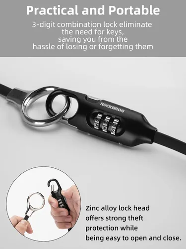 Vista 5 de Rockbros - Cable de bloqueo para bicicleta, 5 pies, combinación preestablecida, color negro ligero 3-Digit Combo Keyless, 4.86oz Ultra-Light, Zinc