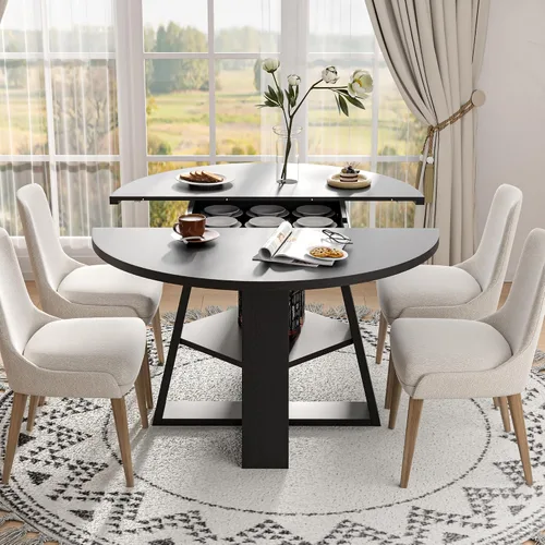 Vista 8 de Mesa de comedor redonda extensible de 43.3 a 59 pulgadas para 4 a 8, moderna mesa de comedor ovalada de cocina con hojas extraíbles, ahorro