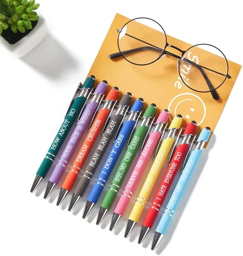 Vista 4 de 10 bolígrafos multicolor divertidos con citas quejándose y función de pantalla táctil, regalos de oficina, bolígrafos pasivos negativos
