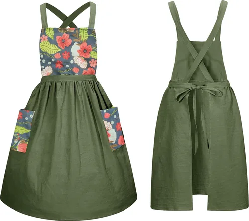 Vista 8 de Pinafore - Delantal de chef para mujer, estilo vintage, con volantes, con bolsillos y lazos largos, con espalda cruzada, bonito delantal de cocina