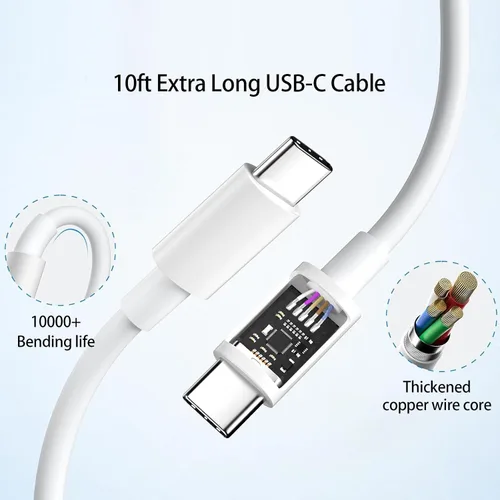 Vista 5 de Cable de 10 pies para Apple iPhone 16 15 Pro Max, cargador de carga rápida, iPad, AirPods 4 (USB-C), 20 W tipo C Blcok de 10 pies de largo, cable