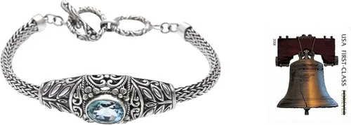 Vista 4 de NOVICA Pulsera de cadena de plata de ley 925 con topacio azul, 7.5 pulgadas 'Jungle Lagoon', Topacio