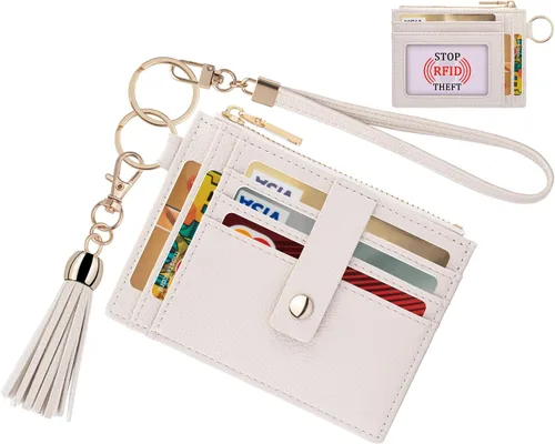 Vista 9 de Estuche Delgado para Tarjetas RFID para Mujer con Correa de Muñeca, Cartera con Cremallera para ID, Cartera de Cuero Pequeña, Monedero con Llavero