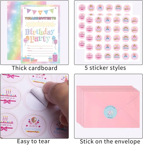 Vista 8 de Idealmuzik Paquete de 30 invitaciones de fiesta de cumpleaños para niñas con sobres y calcomanías, lindas tarjetas de invitaciones de fiesta