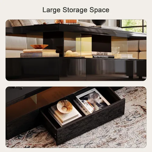 Vista 6 de ChooChoo Mesa de centro LED moderna, mesa central de alto brillo con cajón, mesa de centro negra con almacenamiento para sala de estar, dormitorio