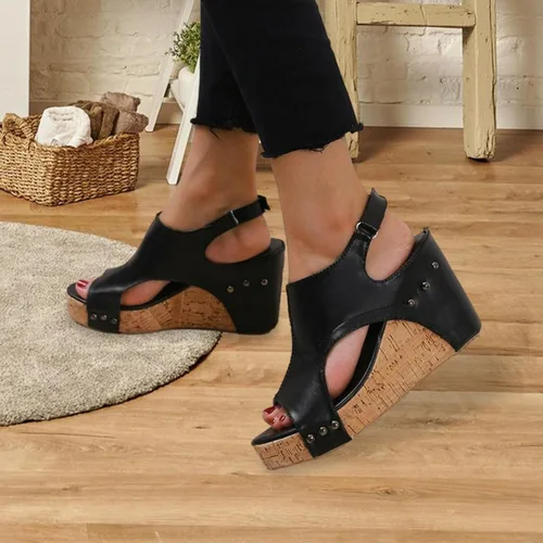 Vista 3 de Yimin Sandalias de cuña bohemias, sandalias de tacón de cuña con punta abierta, de piel sintética, con remaches, para mujer, parte inferior de goma