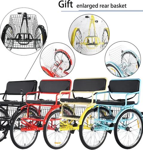 Vista 4 de Triciclo para adultos de 7 velocidades, bicicletas de 3 ruedas con asiento trasero, triciclo para adultos de 20/24 pulgadas, ruedas bajas con cesta
