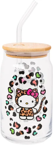 Vista 37 de Silver Buffalo Sanrio - Vaso de vidrio con tapa de bambú y sorbete de vidrio de fotos de Badtz-Maru, 16 onzas