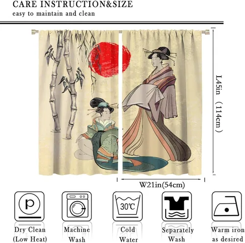 Vista 2 de Cortinas de estilo japonés, Kyoto Geisha Girls Asian Ink Painting - Cortinas de tela de poliéster con estampado de Japón antiguo para dormitorio