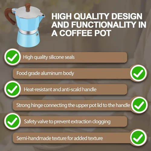 Vista 7 de Cafetera de aluminio con 3 tazas de 150ml (5.1 fl oz) Moka Pot Express, cafetera de café expreso para estufa, colorida cafetera italiana