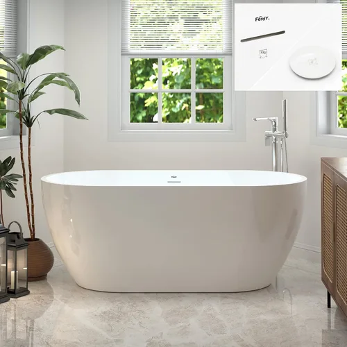 Vista 31 de FerdY Bañera independiente de acrílico Bali de 47 pulgadas, bañera independiente con forma elegante, certificado cUPC, drenaje dorado cepillado