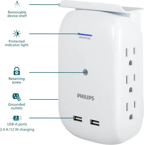 Vista 2 de Philips SPS6026WA/37 - Extensor de 6 tomas, 2 USB, adaptador de acceso lateral, grifo de pared, estante extraíble para dispositivos, luz indicadora