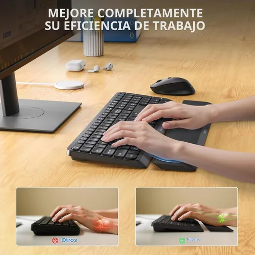 Vista 3 de Philips SPT6607 - Combo de teclado y mouse inalámbricos Bluetooth de 2.4 GHz, diseño ergonómico con reposamanos, conectividad de 3 dispositivos