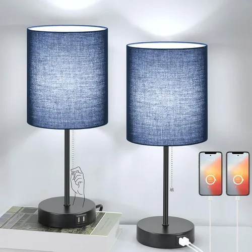 Vista 10 de Juego de 2 lámparas de mesa con puertos de carga USB, lámparas de noche blancas con salida de CA, lámparas de mesita de noche con interruptor