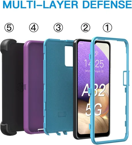 Vista 5 de Funda resistente para Galaxy A32 5G, no compatible con 4G, con clip, a prueba de golpes, a prueba de caídas, polvo, morado y azul cielo