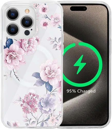 Vista 39 de Funda magnética de flores para iPhone 15 [compatible con MagSafe] Bonito patrón floral transparente a prueba de golpes