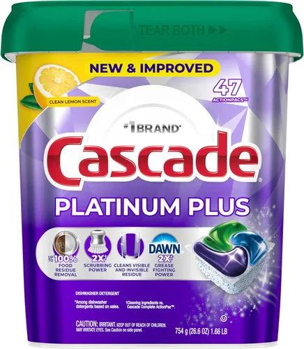 Vista 10 de Cascade Platinum Plus Cápsulas para lavavajillas, detergente para lavavajillas, jabón detergente para platos, limón, 47