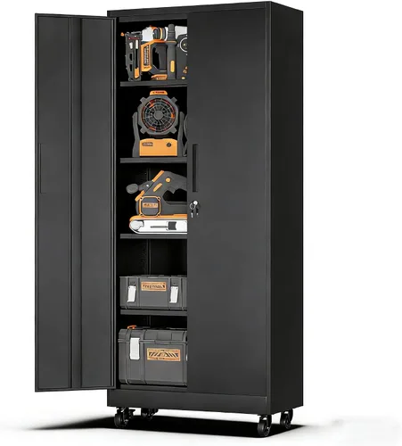 Vista 21 de Gabinete de almacenamiento de metal para garaje con ruedas, armario de herramientas con cerradura con cajón y estantes, gabinete de acero móvil