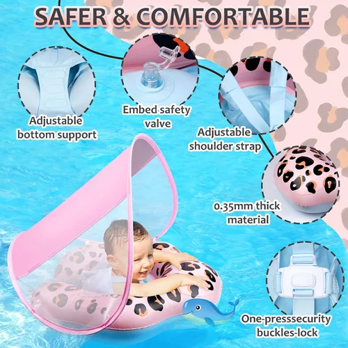 Vista 3 de Baby Pool Float, Leopard Toddler Pool Float Baby Float with Canopy, Infant Pool Floats for Kids 6-36 Months(18-33 lbs)