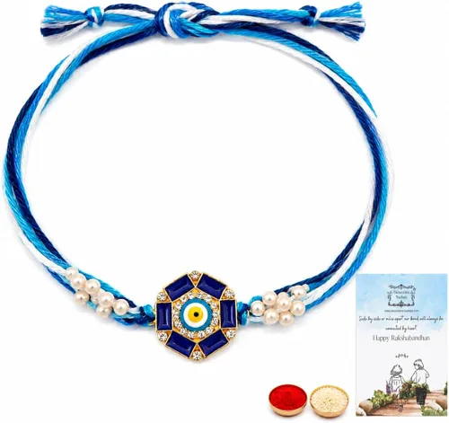 Vista 26 de Rakhi adulto Rakhi para hermano: Rakhi para Bhaiya: combo de mauli Rakhi hecho a mano con tarjeta de felicitación y Roli Chawal: Rakshabandhan