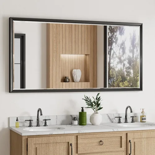 Vista 23 de Espejo de baño negro, espejo de baño biselado de 16 x 24 pulgadas para pared, espejo con marco negro antioxidante para decoración de baño, sala