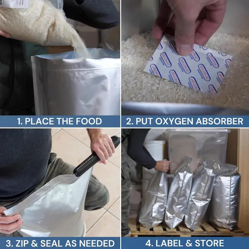 Vista 6 de Bolsas de Mylar de 5 galones para almacenamiento de alimentos con cremallera, 20 unidades de 0.551 in extra gruesas para almacenamiento a largo