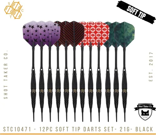 Vista 2 de Shot Taker Co. - Juego de dardos de punta suave, 12 piezas con 100 puntas de dardos adicionales, 24 protectores de vuelo y llave para tablero