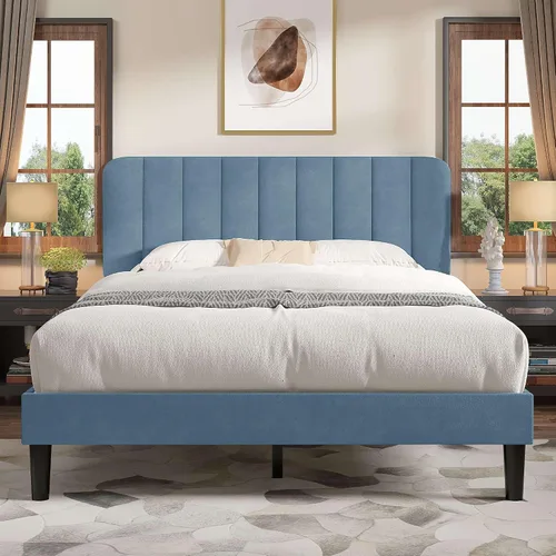Vista 16 de VECELO Base de cama tapizada de tamaño matrimonial con 4 cajones y cabecero, plataforma de terciopelo, soporte de listones de madera, no necesita