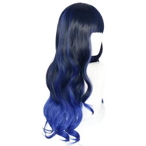 Vista 4 de ANOGOL Gorro de pelo + peluca larga azul oscuro ombré, juego ondulado, colorido escenario cosplay, peluca para mujeres y niñas, peluca sintética