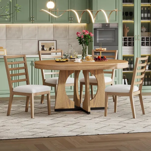 Vista 23 de Knocbel Juego de mesa extensible para 4-6, mesa de comedor redonda ovalada con 4 sillas tapizadas, juegos retro de 5 piezas con base de madera