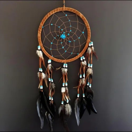 Vista 12 de Atrapasueños atrapasueños, gamuza negra con piedra turquesa, hecho a mano, tamaño grande, 28 pulgadas de largo x 9 pulgadas de diámetro, marca OMA