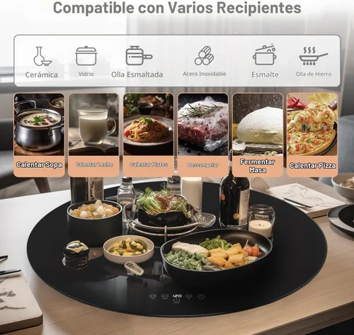 Vista 5 de Calentador eléctrico redondo de alimentos de 24 pulgadas, bandeja giratoria automática para mesa, 9 temperaturas ajustables para mantener la comida