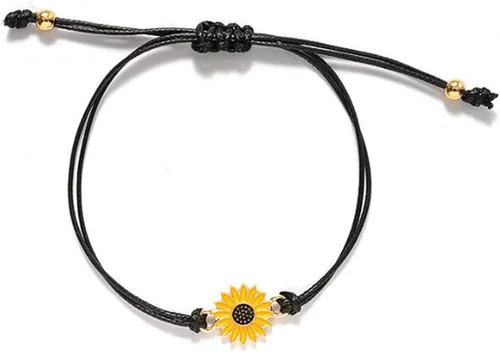 Vista 7 de Juego de 2 pulseras de girasol con diseño de girasol, estilo bohemio, para parejas, mejores amigas, mujeres, niñas, cuerda negra y tarjeta blanca