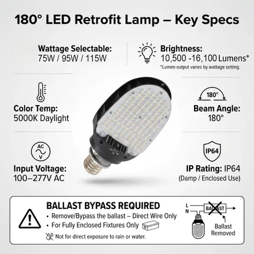 Vista 3 de Bombilla LED de reacondicionamiento de pala, 75 W/95 W/115 W de potencia seleccionable, 16,100 lm 5000 K luz diurna, base Mogul E39, reemplazo