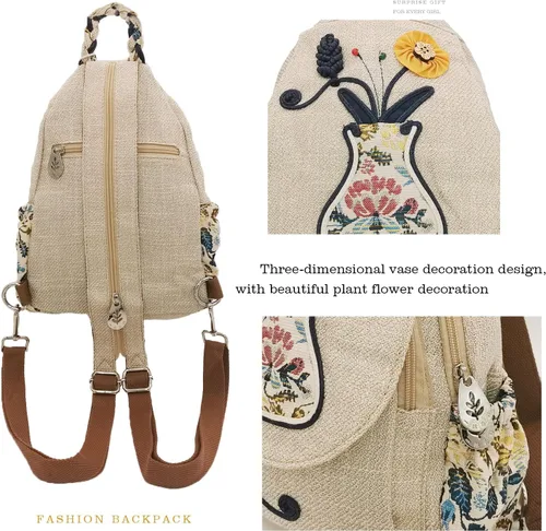 Vista 119 de HUANGGUOSHU Mochila de algodón tejida de algodón bohemio con bordado de lona estilo bohemio con múltiples bolsillos retro linda mochila cartera
