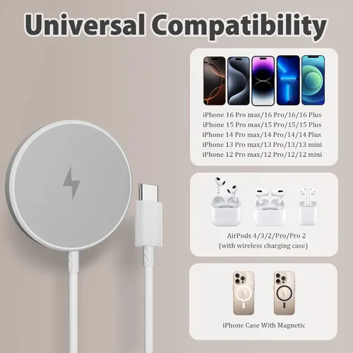 Vista 3 de [Certificado MFi de Apple] Cargador magnético de 10 pies para iPhone 17, 16, 15, paquete de 2 Fast Charge, for Apple MagSafe Wireless Charger