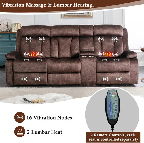 Vista 5 de GUEAPY Sofá reclinable eléctrico de 3 asientos, sofá reclinable de masaje con sofás reclinables de energía térmica con puertos USB/tipo C, Marrón