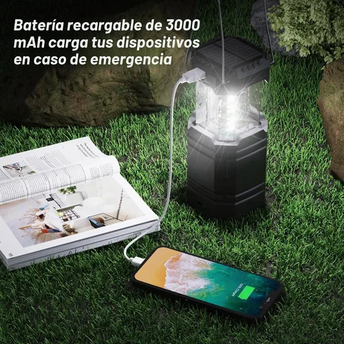 Vista 4 de Linterna solar de camping con manivela de mano de gran capacidad de 3000, linterna LED ultra brillante, portátil de 23 a 26 horas de tiempo de Negro